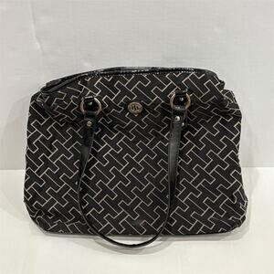 Tommy Hilfiger Women's Monogram Tote Bag Black Beige Leather Handles